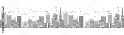 Seamless pattern with outline Nagoya Japan City Skyline with Modern Buildings Isolated on White. Nagoya Cityscape with Landmarks.