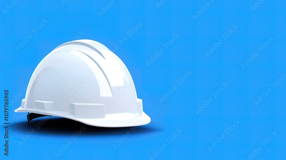 A white hard hat sits on a blue background. A white hard hat sits on a blue background.