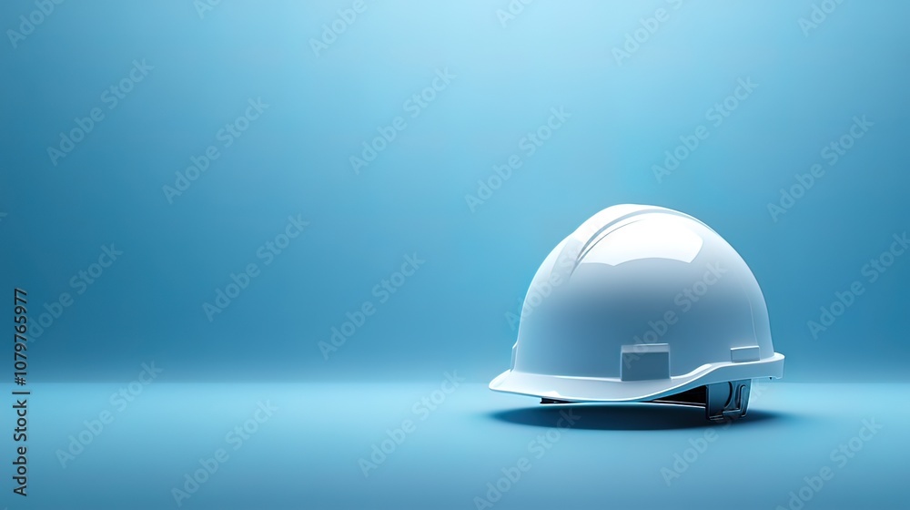 A white hard hat sits on a light blue background. A white hard hat sits on a light blue background.
