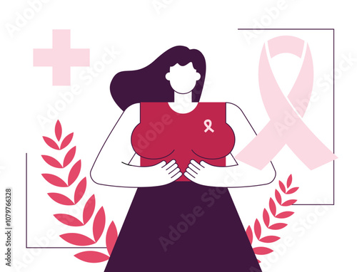A pink-themed flat vector of a woman with a pink ribbon in background for breast cancer awareness. Great for health campaigns, fundraising, and educational visuals.