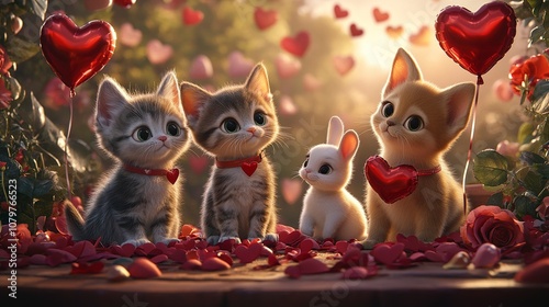 Cute Kittens and Bunny with Hearts and Flowers for Valentine's Day