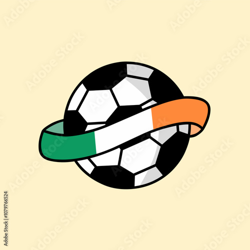 Vector illustration design of a classic soccer ball with an Irish flag ribbon wrapped around it, Perfect for fans and enthusiasts of soccer, and national pride.