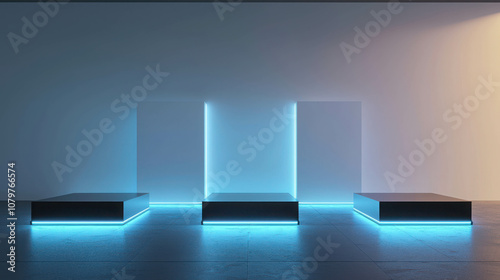 Sleek and Simple 3D Rendered Product Display Stand with Neon Accents for Modern Showcase in Minimalist Environment