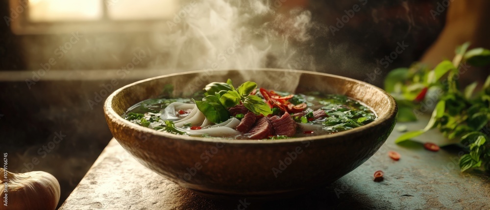 Steaming hot bowl of hearty soup with fresh greens and tender meat Steaming hot bowl of hearty soup with fresh greens and tender meat