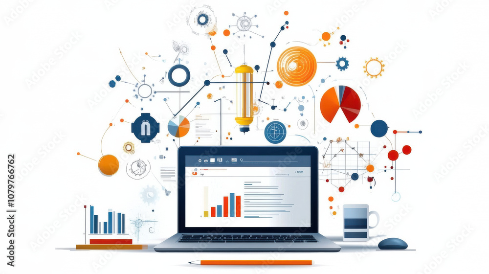 laptop displaying data analytics with colorful graphs and digital tools surrounding it, representing technology and innovation in data analysis laptop displaying data analytics with colorful graphs and digital tools surrounding it, representing technology and innovation in data analysis