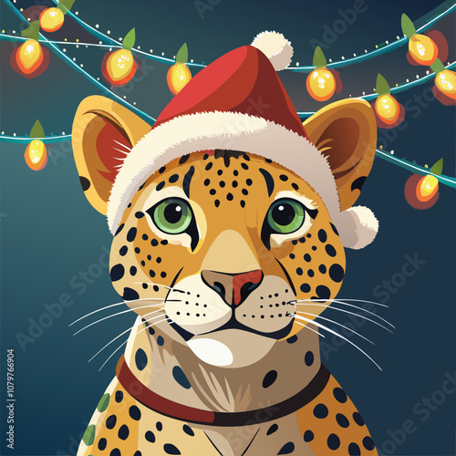 Cheetah in Santa Hat: A festive cheetah with a Santa hat and green eyes gazes directly at the viewer against a dark blue backdrop with strings of twinkling lights.