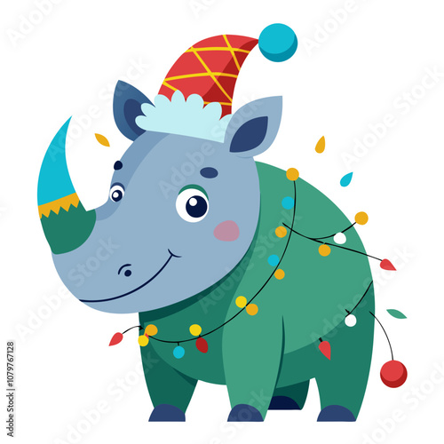 Rhino in a Festive Mood: A charming cartoon rhinoceros with a cheerful grin, adorns a Santa hat and Christmas lights, creating a delightful and whimsical scene.  