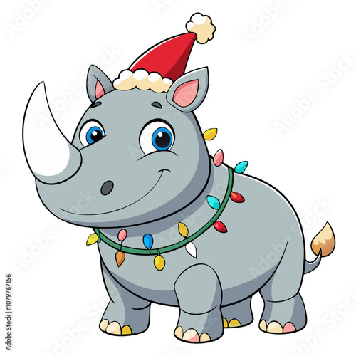 Rhino Christmas Cheer:  A cheerful cartoon rhino with a Santa hat and a string of Christmas lights around its neck. It's a festive image perfect for holiday cards, social media posts, or merchandise.