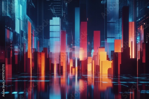 Vibrant futuristic cityscape with glowing skyscrapers and reflections