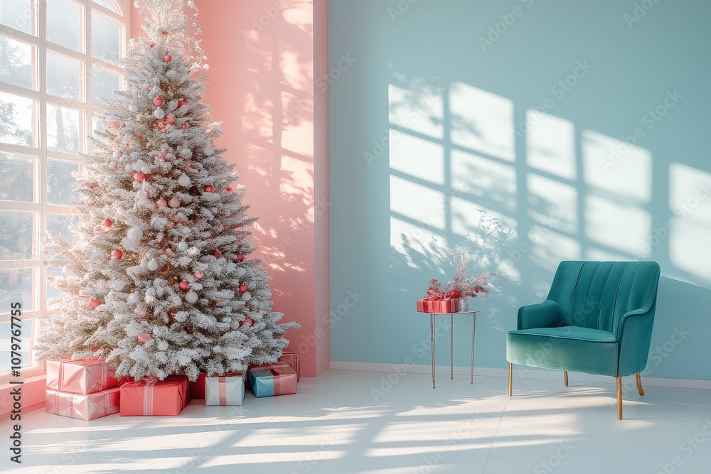 A modern room with pastel blue and pink walls, white floor tiles, and a retro-style Christmas tree. Cozy atmosphere with presents, a green armchair, and natural light from the window. A modern room with pastel blue and pink walls, white floor tiles, and a retro-style Christmas tree. Cozy atmosphere with presents, a green armchair, and natural light from the window.