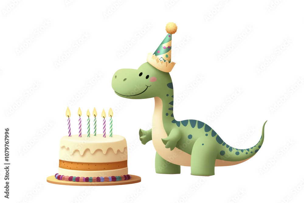 Fototapeta premium A cute green dinosaur blowing out birthday candles on a cake
