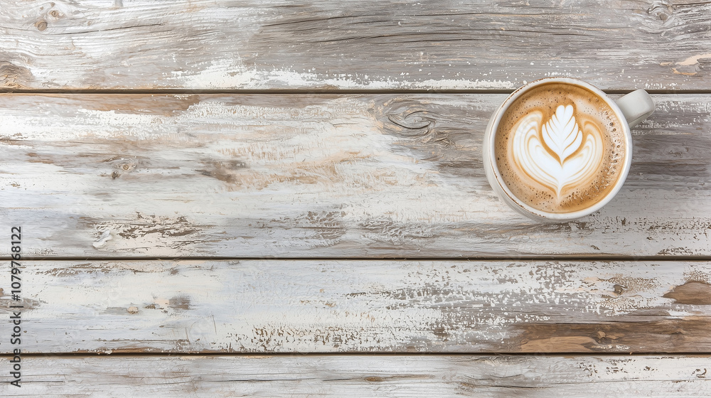 a cup of cappuccino latte coffee on the wooden table with copy space, top view a cup of cappuccino latte coffee on the wooden table with copy space, top view