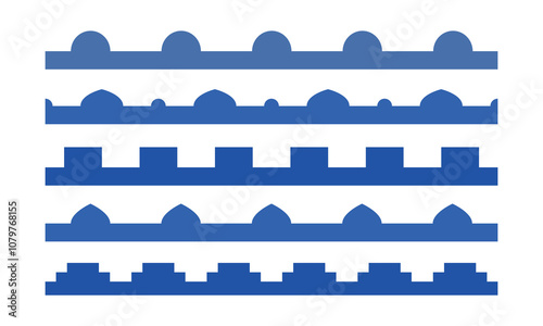 Arabic abstract wall borders. Simple boho roof lines. Moroccan blue arch shape. Seamless vector illustrations