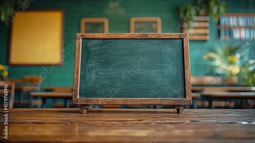 teacher desk table background in classroom light colors in prduct mock up style bothing on desk with generative ai photo