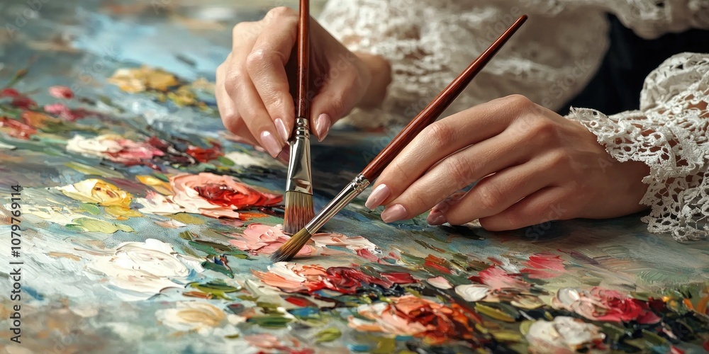 A close-up of a woman artist’s hands working on detailed artwork with various brushes. A close-up of a woman artist’s hands working on detailed artwork with various brushes.