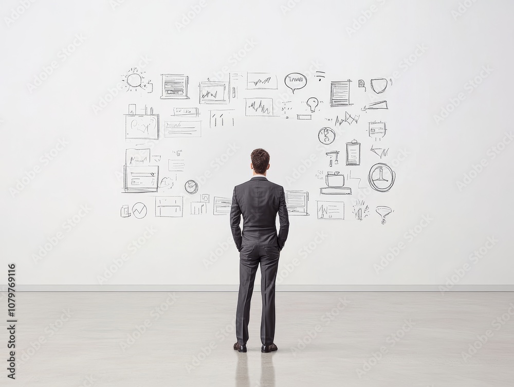A businessman gazes at a wall filled with various business-related sketches and diagrams. A businessman gazes at a wall filled with various business-related sketches and diagrams.
