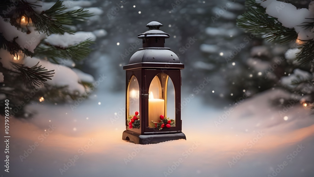 A set of antique lanterns placed along a snowy path, each glowing warmly with candlelight, creating a cozy and serene winter ambiance A set of antique lanterns placed along a snowy path, each glowing warmly with candlelight, creating a cozy and serene winter ambiance