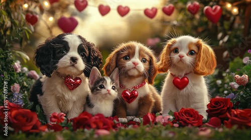 Adorable Puppies and Kitten with Hearts for Valentine's Day