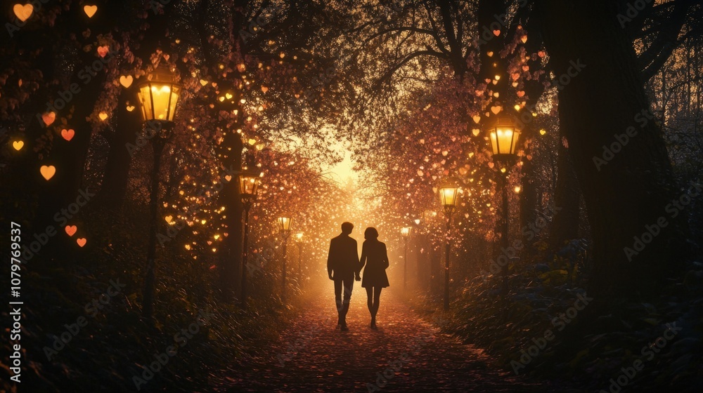 Romantic couple walking down a magical, heart-lit path in the woods Romantic couple walking down a magical, heart-lit path in the woods