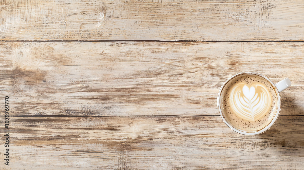 a cup of cappuccino latte coffee on the wooden table with copy space, top view a cup of cappuccino latte coffee on the wooden table with copy space, top view
