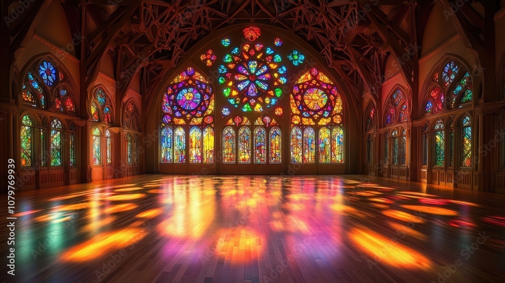 Vibrant stained glass windows illuminate a grand cathedral interior Vibrant stained glass windows illuminate a grand cathedral interior