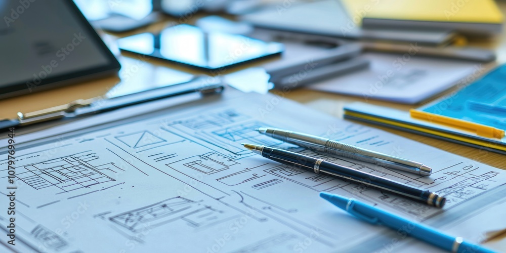 A close-up of design tools and materials including pens, tablets, and mockups on a desk. A close-up of design tools and materials including pens, tablets, and mockups on a desk.