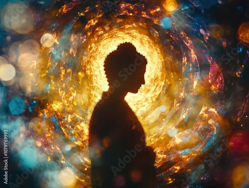 Silhouette of a person in a colorful, abstract tunnel of light