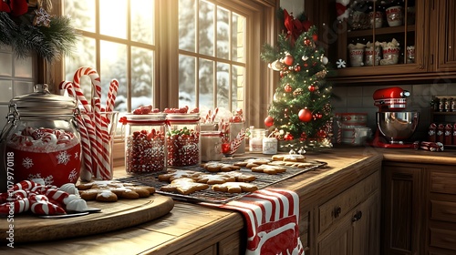 Cozy Christmas kitchen scene, gingerbread cookies cooling on a rack, candy canes in a glass jar, a hot cocoa bar with festive toppings, red and white themed tea towels, warm sunlight streaming in, photo