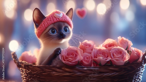 Cute Kitten in a Pink Hat Surrounded by Roses