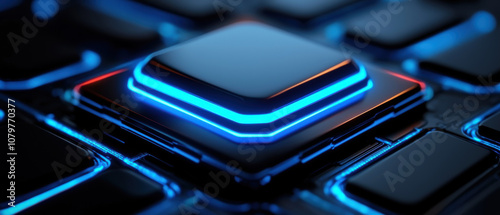 Quantum Computing Data Analytics Concept. A close-up view of a sleek, illuminated keyboard key, highlighting its futuristic design and glowing edges.