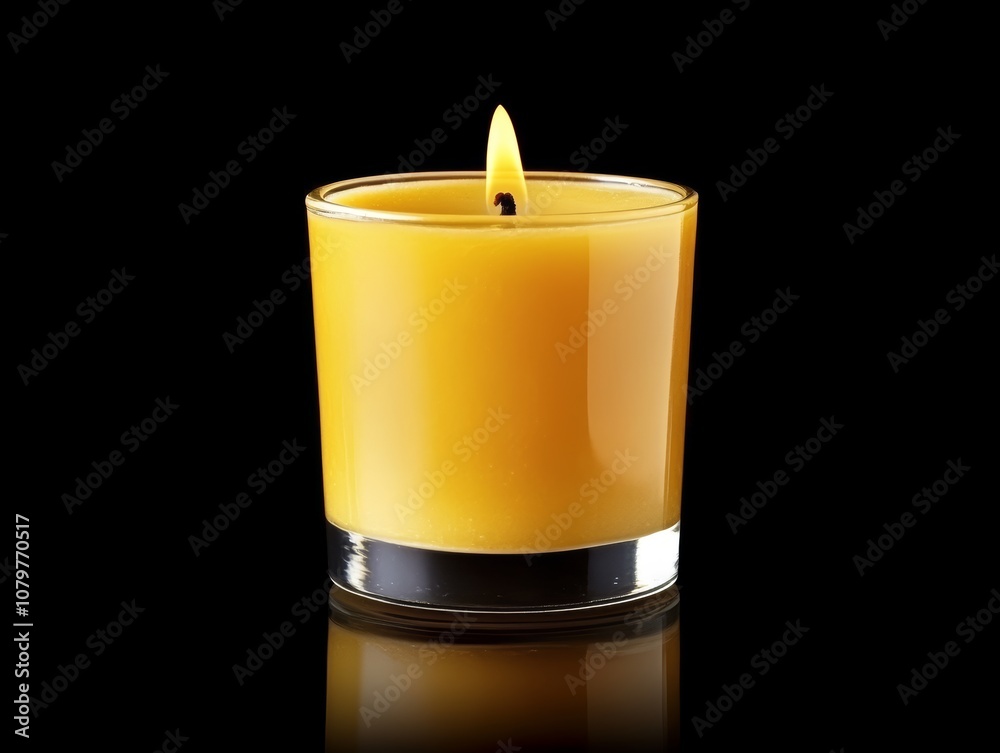 A glowing yellow candle in a glass holder, emitting a warm, inviting light. A glowing yellow candle in a glass holder, emitting a warm, inviting light.