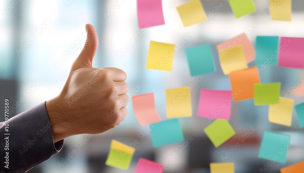 A businessman's hand with a thumbs-up gesture, set against a blurred office background with colorful sticky notes, A businessman's hand with a thumbs-up gesture, set against a blurred office background with colorful sticky notes,