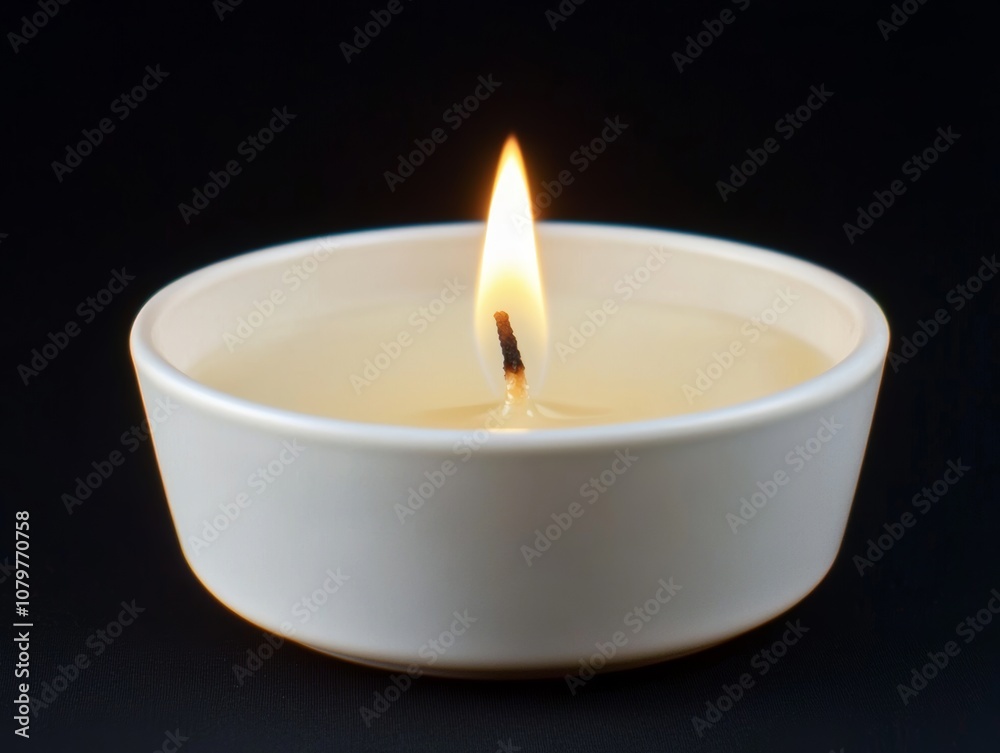 A lit candle in a simple white bowl, creating a warm and calming ambiance. A lit candle in a simple white bowl, creating a warm and calming ambiance.