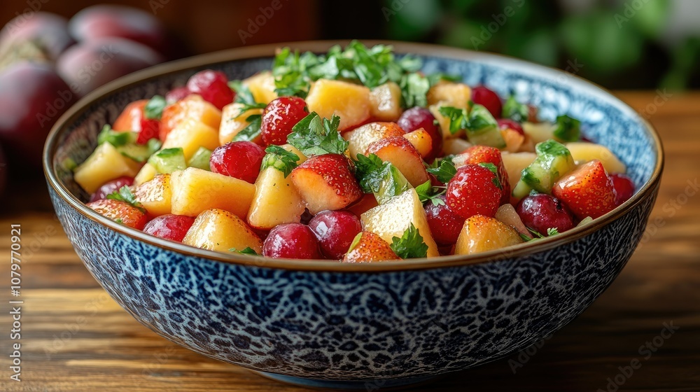 A bowl of fresh fruit salad with peaches, strawberries, and grapes, garnished with parsley. A bowl of fresh fruit salad with peaches, strawberries, and grapes, garnished with parsley.