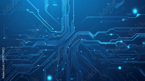  Futuristic vector illustration of a blue circuit board with intricate digital tech elements. Computer motherboard with a chip, processor, and semiconductor. Digital vector illustration