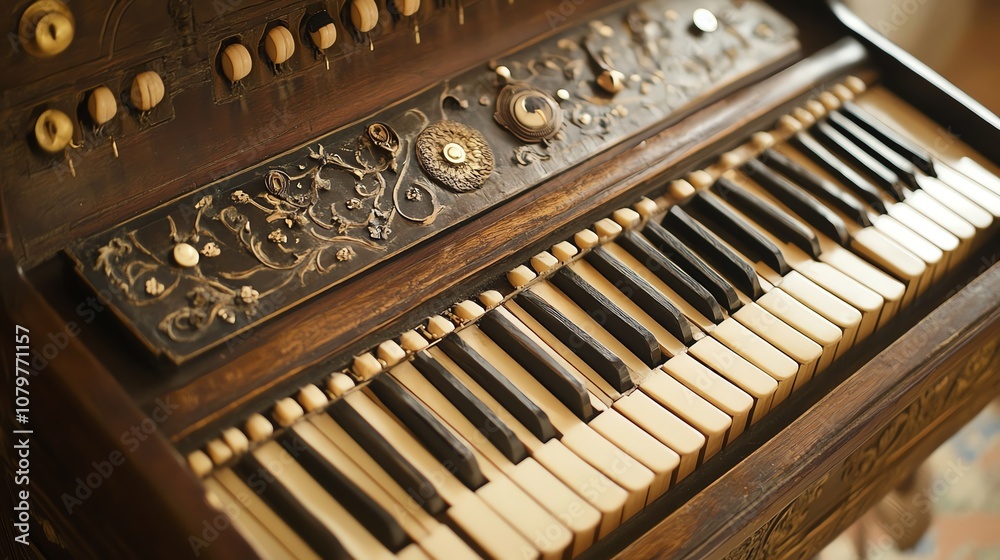 Antique organ with intricate design and black and white keys, detailed craftsmanship. Antique organ with intricate design and black and white keys, detailed craftsmanship.