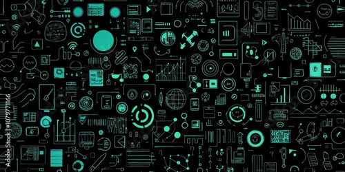 A background pattern featuring technology icons and abstract tech elements.