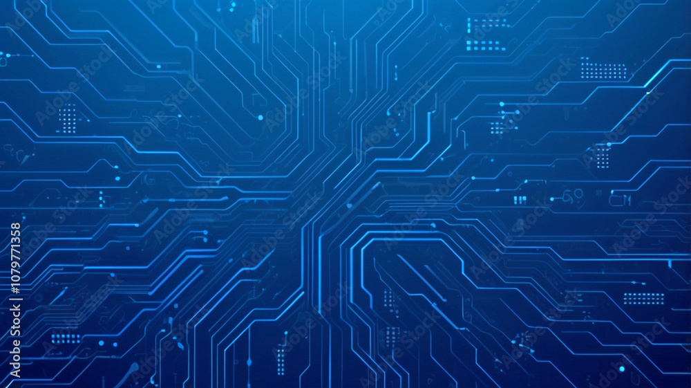 Futuristic vector illustration of a blue circuit board with intricate digital tech elements. Computer motherboard with a chip, processor, and semiconductor. Digital vector illustration