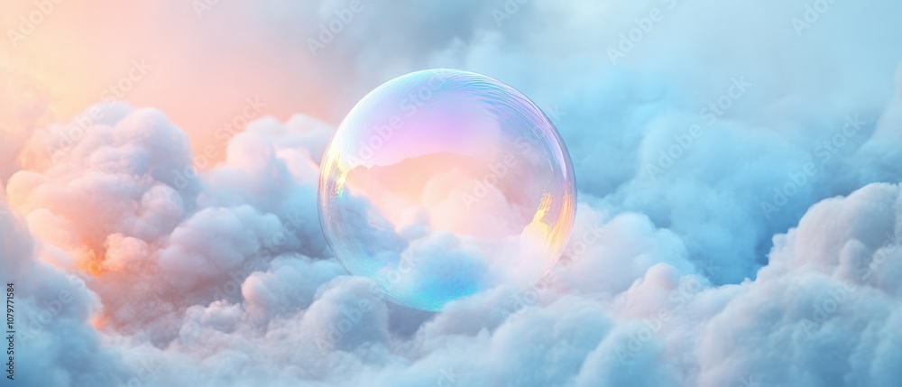 Surreal iridescent bubble floating in a dreamlike cloudy sky Surreal iridescent bubble floating in a dreamlike cloudy sky