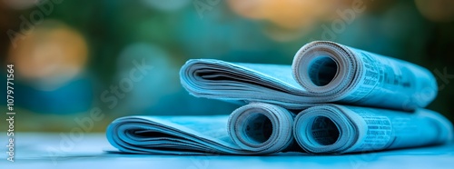 A stack of newspapers with the focus on one newspaper, blurred background. The papers have a blue color scheme.