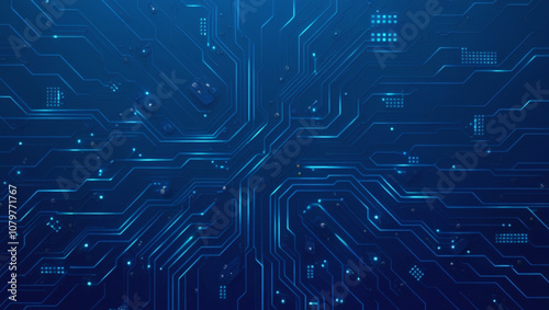  Futuristic vector illustration of a blue circuit board with intricate digital tech elements. Computer motherboard with a chip, processor, and semiconductor. Digital vector illustration