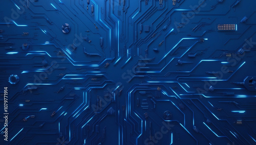  Futuristic vector illustration of a blue circuit board with intricate digital tech elements. Computer motherboard with a chip, processor, and semiconductor. Digital vector illustration