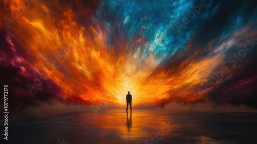 Silhouette of a person standing in a dramatic, colorful sunset landscape