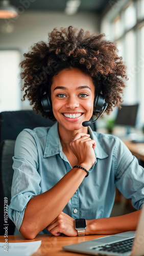 bonita joven latina morena, de pelo crespo que trabaja como operadora, sonrriendo y con unos hedphones