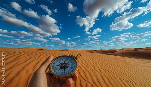 Holding the compass in hand, with a desert background, blue sky, and white clouds, in the style of realistic photography. 