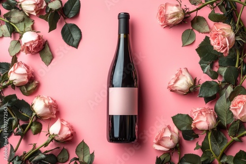 Top view of Valentine's Day gift with wine and pink rose bouquet on pink background design conceptwith generative ai photo