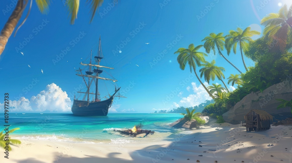 A majestic ship is anchored by the shore, its silhouette contrasting against the setting sun. The beach features soft white sand, while a campfire flickers, casting a warm glow on the peaceful scene. A majestic ship is anchored by the shore, its silhouette contrasting against the setting sun. The beach features soft white sand, while a campfire flickers, casting a warm glow on the peaceful scene.