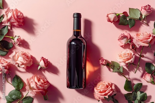 Top view of Valentine's Day gift with wine and pink rose bouquet on pink background design conceptwith generative ai photo