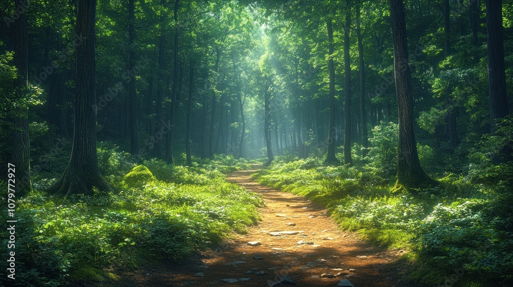 Obraz premium Serene forest pathway illuminated by soft sunlight.