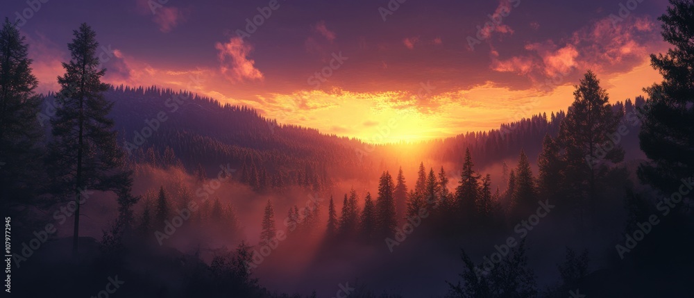 Fototapeta premium Breathtaking sunset over a misty mountain forest landscape